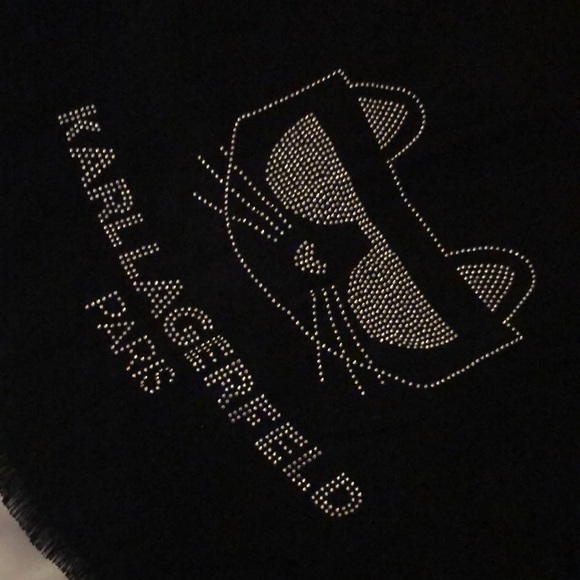 Karl Lagerfeld Black Rectangular Scarf Embellished Stud Choupette & Logo OS NWT - Picture 4 of 16